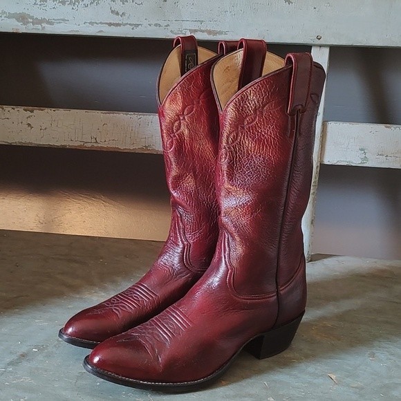 🔥HP🔥 Larry Mahan Men's Maroon/Red Leather Boots Size 9EE / Wide - Picture 2 of 12